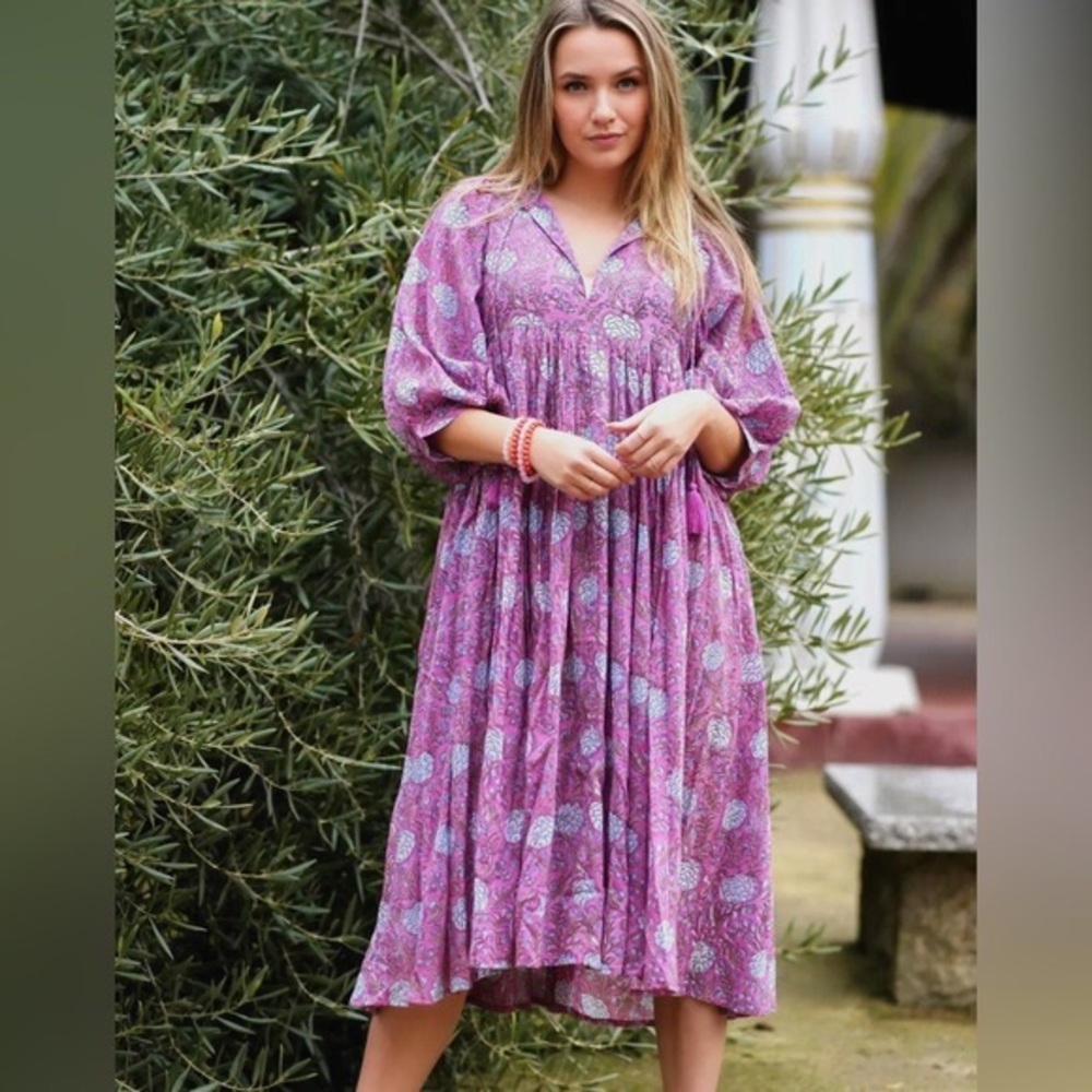 Dolma block printed cotton Mylah Floral Purple Dress new